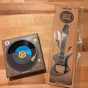 Guitar Bottle Opener and Record Coaster Set